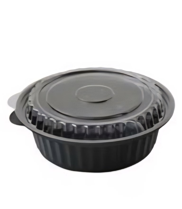 8311 - Ribbed Black Round Microwavable Container with Clear Lid - 473 ml / 16 oz - 150Pcs