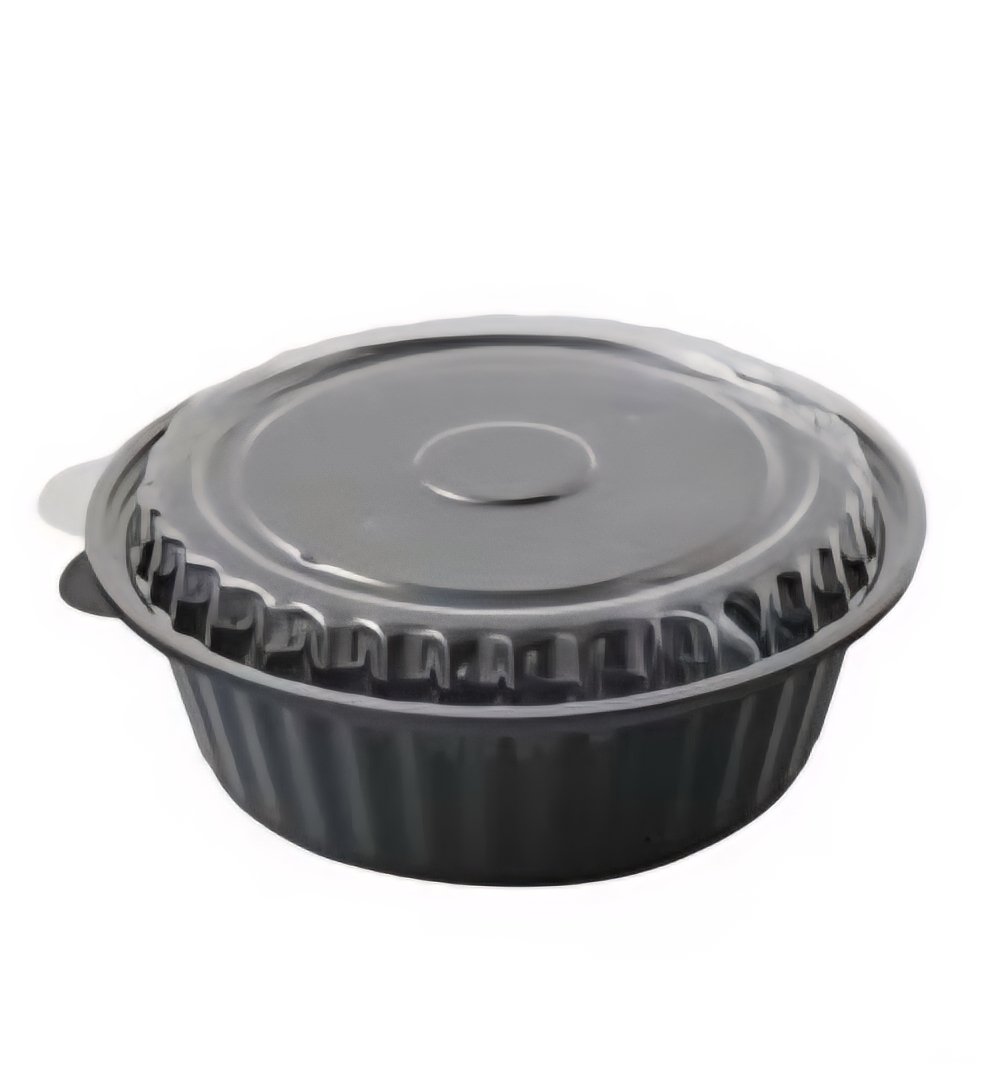 8377 - Ribbed Black Round Microwavable Container with Clear Lid - 800 ml / 28 oz - 150Pcs